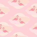 Seamless pattern of pink flamingos in the clouds in pastel colors. Decorative background with exotic bird. Royalty Free Stock Photo