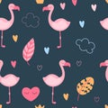 Seamless pattern with pink flamingos, leaves color hearts and clouds