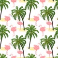 Seamless pattern with pink flamingos and palm trees. Royalty Free Stock Photo