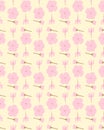 A seamless pattern of pink flower on a yellow background in a spring minimal shape floral concept, Vector Royalty Free Stock Photo