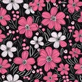 Seamless pattern with pink flowers on black background. Vector illustration Royalty Free Stock Photo