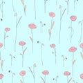 Seamless pattern with pink flowers. Blue background with stylized roses. Royalty Free Stock Photo