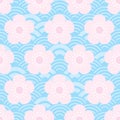 seamless pattern pink flowers japanese cherry blossoms on blue background. Asian simple ornament, oriental style scales, japanese Royalty Free Stock Photo