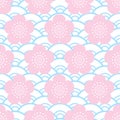 seamless pattern pink flowers japanese cherry blossoms on blue white background. Asian simple ornament, oriental style scales, Royalty Free Stock Photo