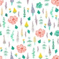 Seamless pattern with pink flowers, lavender and mimosa branches, watercolor illustration Royalty Free Stock Photo