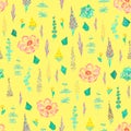 Seamless pattern with pink flowers, lavender and mimosa branches, watercolor illustration Royalty Free Stock Photo