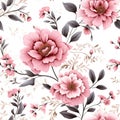 Seamless Pattern Pink Flowers And Leaves Swirling On A White Background ,water Color, AI Generated