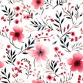 Seamless Pattern Pink Flowers And Leaves Swirling On A White Background ,water Color, AI Generated