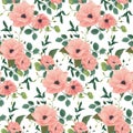 Seamless floral pattern, watercolor botanical print with delicate bouquets, pink flowers, leaves on white. Vector. Royalty Free Stock Photo