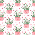 Seamless pattern with pink flowers in a pot.