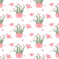 Seamless pattern with pink flowers in a pot.