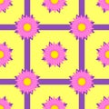 Seamless pattern of pink flowers with purple ribbons on a yellow background
