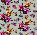 Seamless pattern with yellow roses flowers on green
