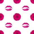 Seamless pattern of pink gerbera flower and lipstick kiss print on white background isolated, daisy flowers and lips makeup stamp Royalty Free Stock Photo