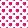 Seamless pattern of pink gerbera flower and lipstick kiss print on white background isolated, daisy flowers and lips makeup stamp Royalty Free Stock Photo