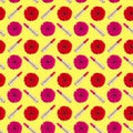 Seamless pattern pink gerbera flowers red lipsticks isolated yellow background, daisy flower golden lipstick repeat ornament Royalty Free Stock Photo