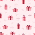 Seamless pattern with pink gift boxes with bows and ribbons. Happy Valentines day. Cute romantic background. Royalty Free Stock Photo