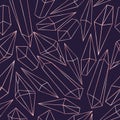 Seamless pattern with pink gold gems stone in outline style. Vector background with line art crystals gems on dark blue.