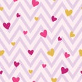 Seamless pattern with pink and gold hearts on pink chevron background