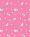 Seamless pattern of pink hearts and camera