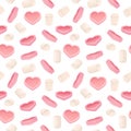 Seamless pattern with pink hearts and marshmallows