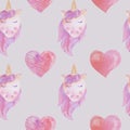 Seamless pattern pink hearts unicorn