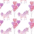 Seamless pattern pink hearts unicorn