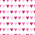 Seamless pattern with pink hearts on white background. Vector illustration.