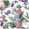 seamless pattern with pink, hibiscus, yellow and blue anthurium, with green leaves, with bird of paradise, tropical