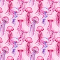 Seamless pattern with pink jellyfish. Marine background. watercolor illustration Royalty Free Stock Photo