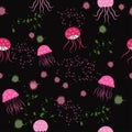 Seamless pattern: pink jellyfish, mollusks, watercolor blots and other marine life on a black background. Flat vector. Royalty Free Stock Photo