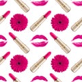 Seamless pattern pink kiss print, lipstick, gerbera flower white background isolated, daisy flowers, golden lipsticks, lips makeup