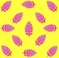 Seamless pattern with pink leaves on yellow paper background. Fashion minimal pop art style. Autumn concept. Royalty Free Stock Photo