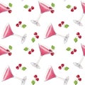 Seamless pattern pink lemonade cocktail glass margarita Martini, fresh ripe red cherry berries with a green leaf. Hand