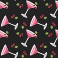 Seamless pattern pink lemonade cocktail glass margarita Martini, fresh ripe red cherry berries with a green leaf. Hand