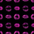 Seamless pattern pink lipstick kiss print black background isolated, purple sexy lips makeup stamp repeating ornament, red kisses