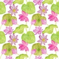 Seamless pattern with pink lotus flowers and green leaves painted in watercolor on a white background. Royalty Free Stock Photo