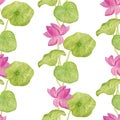 Seamless pattern with pink lotus flowers and green leaves painted in watercolor on a white background. Royalty Free Stock Photo