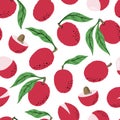 Seamless pattern with pink lychee and slices. Hand drawn lychee pattern on white background. for fabric, drawing labels, print,