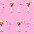 Seamless Pattern - Pink Martini cocktail Glass and Pink Flamingo On a pink background