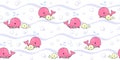 Seamless pattern with pink mother whale and yellow baby whale swim on the waves