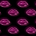 Seamless pattern with pink neon lips on dark background. Girly, fashion, sexy concept. Vector illustration