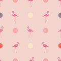 Seamless pattern in pink pastel colors with flamingos and polka dots. Royalty Free Stock Photo