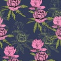 Seamless pattern pink peonies with green leaves on a dark blue background Royalty Free Stock Photo