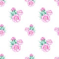 Seamless pattern of pink peonies with leaves and bud on a white background. Illustration of felt-tip pens.