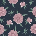 Seamless pattern with pink peonies and leaves on a dark blue background