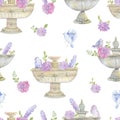 Seamless pattern with pink peonies, roses, birds and antique garden urns. Romantic flowers and vintage sculpture. Gentle backgroun