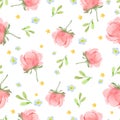 Seamless pattern with a pink peony, blue and orange flowers and green leaves on a white background Royalty Free Stock Photo