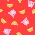 Seamless pattern pink pig with chinese gold cube on red background for chinese new year celebrate backdrop.vector