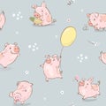 Seamless pattern with pink pigs. Seamless pattern of doodle, for wrapping paper, cloth, background